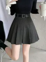 Vintage Winter Pleated Mini Skirt Women Streetwear High Waist Woolen Cute Skater Skirts With Shorts Belt Grey Black Skirt Woman - Image 2