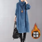 Women Autumn Winter Dress New Retro Corduroy Vestidos Add Velvet High Neck Dress Mid-Length Loose Pullover Sweater Female 2025 - Image 3