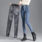 Thermal Winter Thick Fleece High-waist Warm Skinny Jeans Thick Women Stretch Button Pencil Pants Mom Casual Velvet Jeans - Image 2