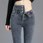 Thermal Winter Thick Fleece High-waist Warm Skinny Jeans Thick Women Stretch Button Pencil Pants Mom Casual Velvet Jeans - Image 4