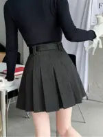 Vintage Winter Pleated Mini Skirt Women Streetwear High Waist Woolen Cute Skater Skirts With Shorts Belt Grey Black Skirt Woman - Image 4