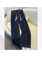 2025 Autumn New Denim Blue Wide Leg Women's Jeans Super Popular Pants with Silk Scarf Belt Fashion Straight Trousers - Image 5