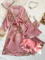 Summer irregular cherry print comfortable bathrobe and halter shorts sexy women's pajama four-piece set