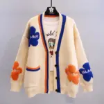 Blue Acrylic Knit V-Neck Letter Flower Casual Women's Cardigan Sweater Single Breasted Cardigan For Women Clothing Thick Winter - Image 3