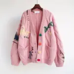 Embroidery Patchwork High Street Thick Knit V-Neck Women's Cardigan Sweater Single Breasted Cardigan For Women Clothing Winter - Image 4