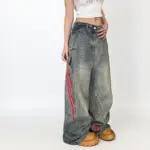 Autumn And Winter Korean Fashion Women'S Straight Leg Jeans With Side Stripes Wide Leg Pants Casual Pants Blue Jeans
